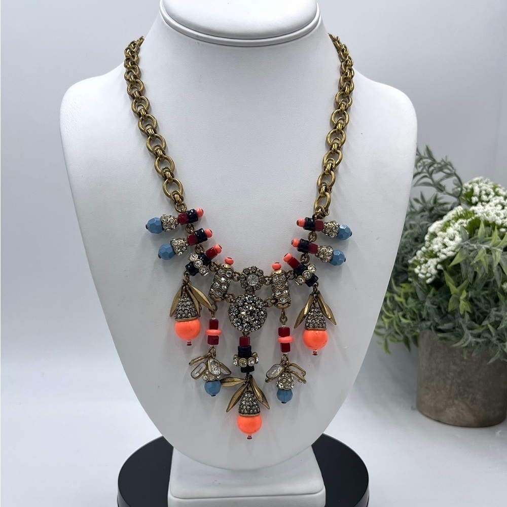 J. Crew Blue Coral‎ Beads Gold Tone Metal Dangles Rhinestones Statement Necklace